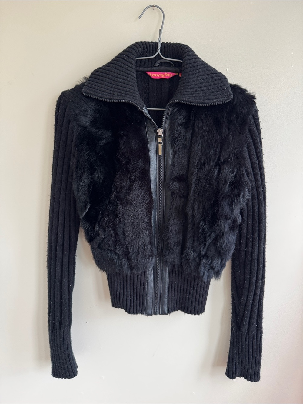 Black Rabbit Fur Ribbed Zip-Up Jacket - Picture 1 of 9